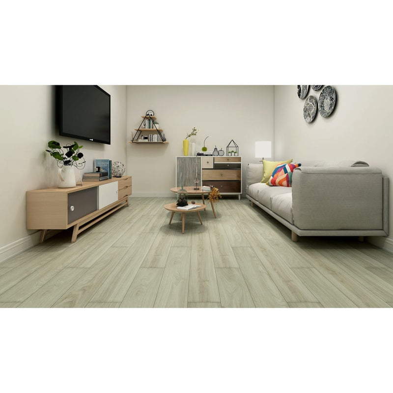 Green Touch Flooring rigid vinyl flooring LVT 48x7 Newton SF506 room scene living room TV and grey sofa
