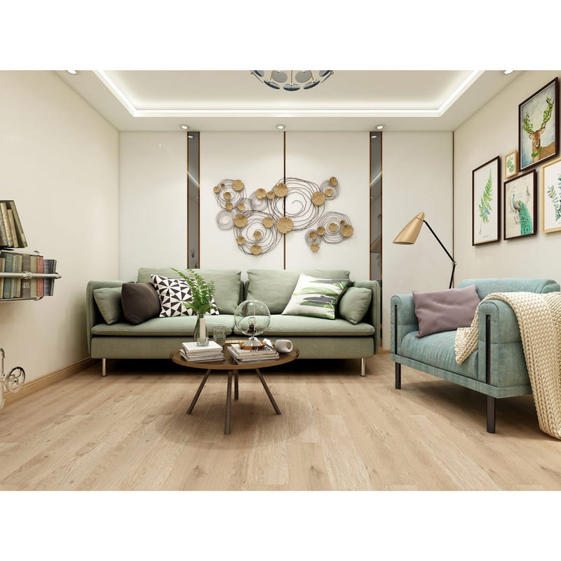 Green Touch Flooring rigid vinyl flooring LVT 48x7 Woodstock SF503 room scene living room with green couches