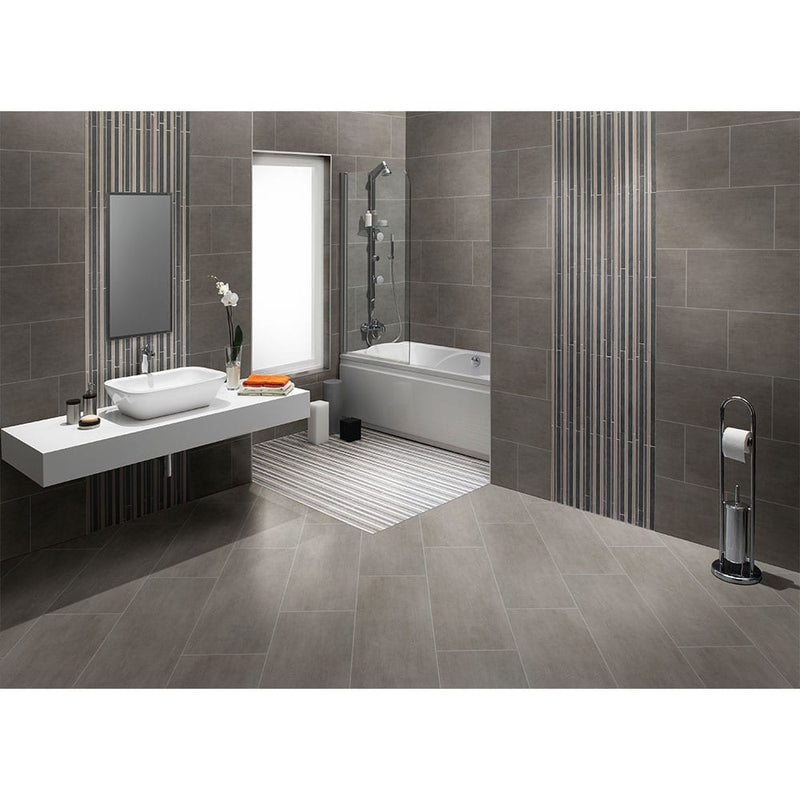 Gridscale concrete 12x24 matte ceramic floor and wall tile NGRICON1224 product shot bath view