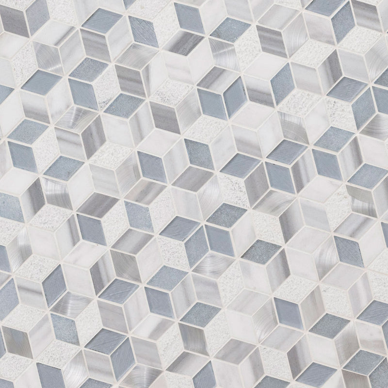 Harlow cube  11.58 x 12.56 glassstone metal blend mesh mounted mosaic tile SMOT-SGLSMT-HARCUB8MM product shot angle view