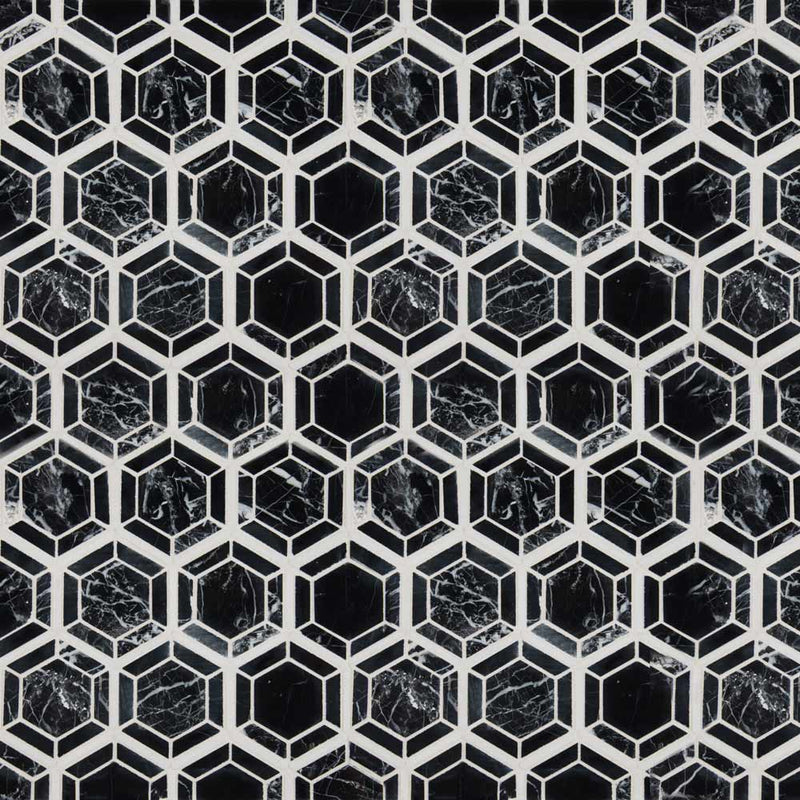 Hexagono nero 11.5X13.25 polished marble mesh mounted mosaic tile SMOT-HEXGON-NEROP product shot multiple tiles top view