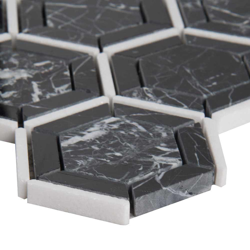 Hexagono nero 11.5X13.25 polished marble mesh mounted mosaic tile SMOT-HEXGON-NEROP product shot profile view