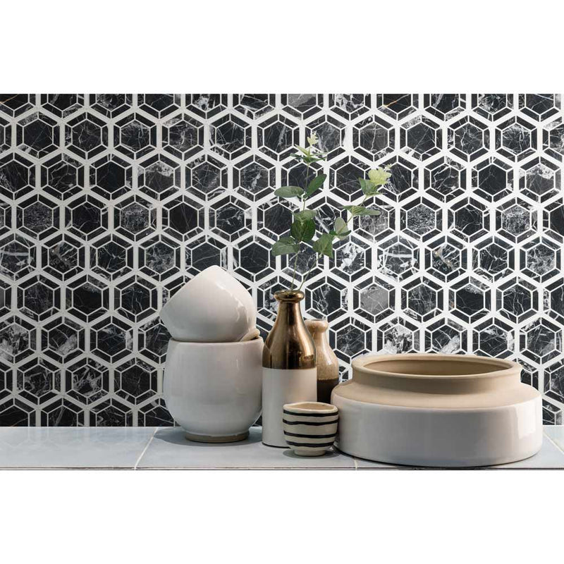 Hexagono nero 11.5X13.25 polished marble mesh mounted mosaic tile SMOT-HEXGON-NEROP product shot wall view