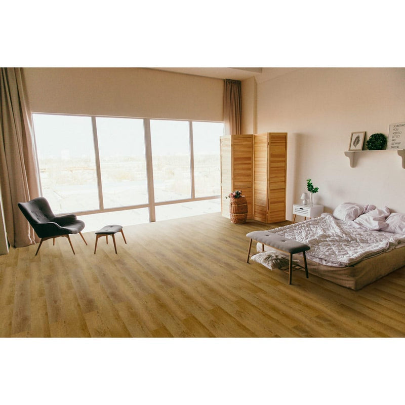 Hickory rigid core luxury vinyl plank flooring 7x48 SPC14060748-22M installed on bedroom floor angle