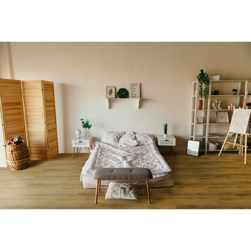 Hickory rigid core luxury vinyl plank flooring 7x48 SPC14060748-22M installed on bedroom floor