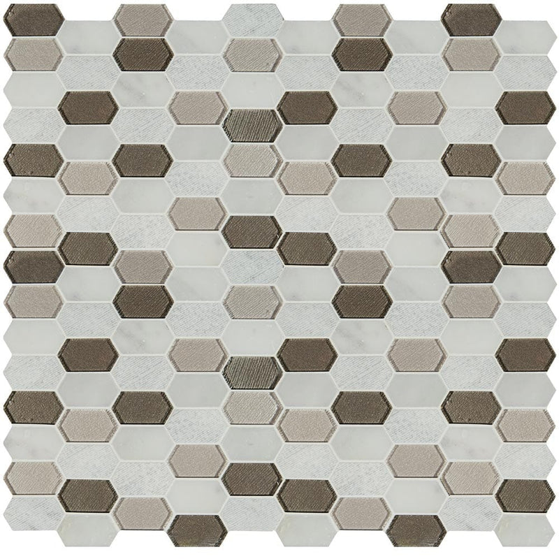 Inessa blanco picket pattern 12X12 glass and stone mesh mounted mosaic tile SMOT-SGLSPK-INEBLA8MM product shot multiple tiles top view