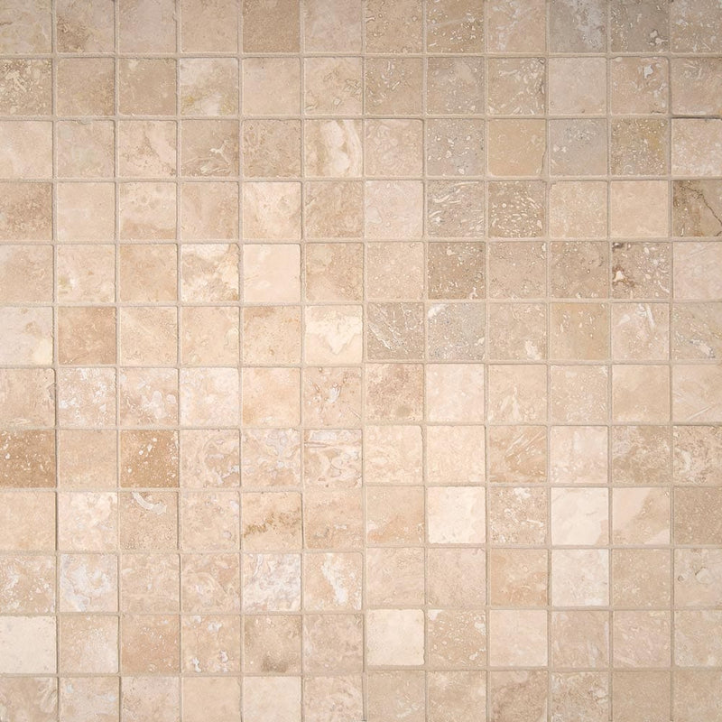 Ivory 12X12 honed travertine mesh mounted mosaic tile THDW1-SH-IVO2x2 product shot multiple tiles top view