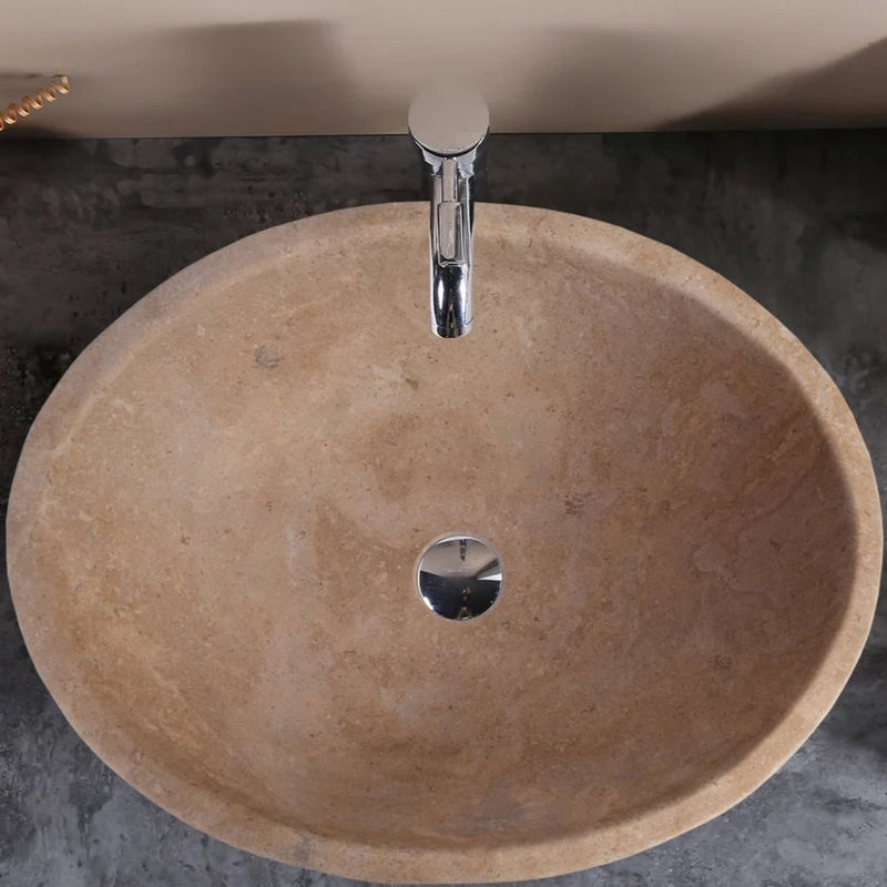 Karina walnut travertine oval vessel sink KMRC16206W W16 L21 H6 room scene view