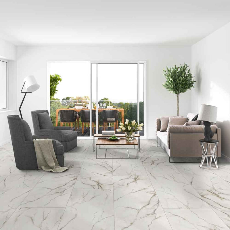 Kaya calacatta lucca 24x48 polished porcelain floor and wall tile NKAYCALLUC2448P product shot room view