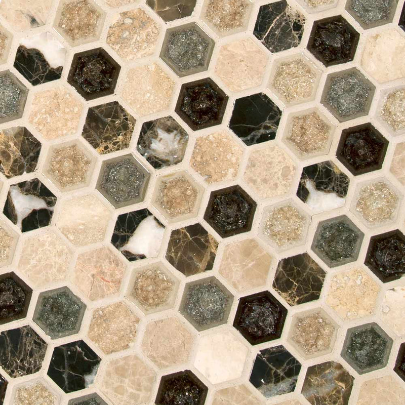 Kensington hexagon 12X12 glass and stone mesh mounted mosaic wall tile SMOT-SGLSGG-KENSINGTN8MM product shot multiple tiles angle view