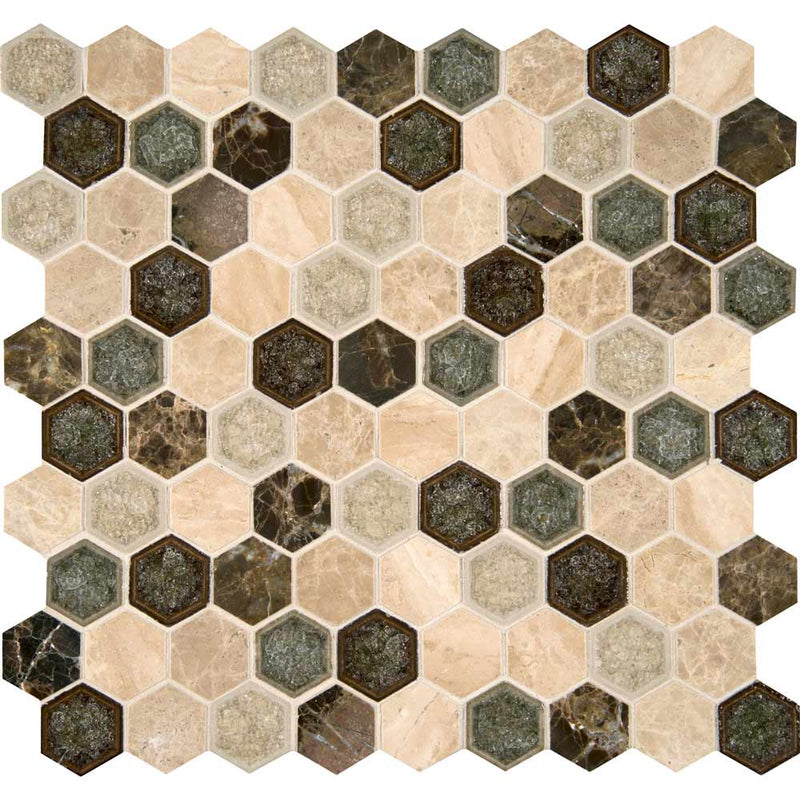 Kensington hexagon 12X12 glass and stone mesh mounted mosaic wall tile SMOT-SGLSGG-KENSINGTN8MM product shot multiple tiles close up view