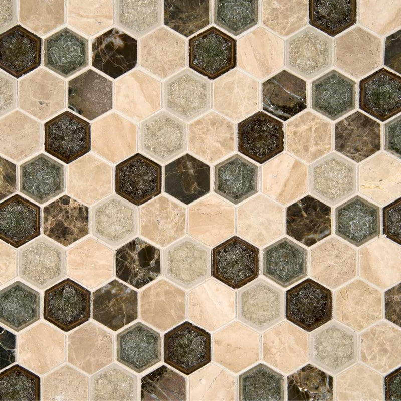 Kensington hexagon 12X12 glass and stone mesh mounted mosaic wall tile SMOT-SGLSGG-KENSINGTN8MM product shot multiple tiles top view