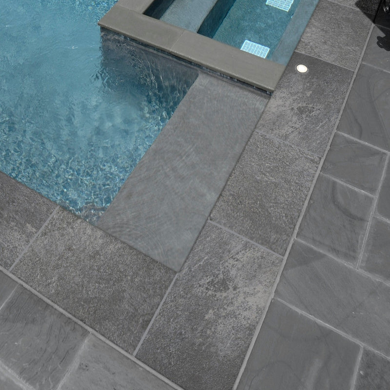 Arterra Quarzo Gray 13"x24" Porcelain Pool Coping-Eased Edge - MSI Collection outdoor pool view