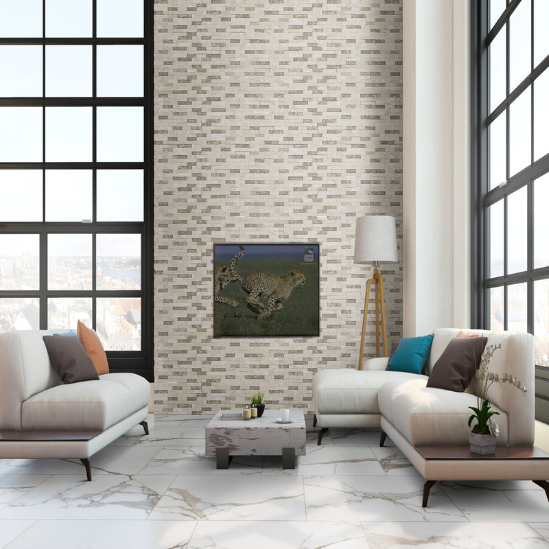 Rockmount Colorado Cream 6"x18" Marble Splitface Ledger Corner Panel for Wall room shot living room view
