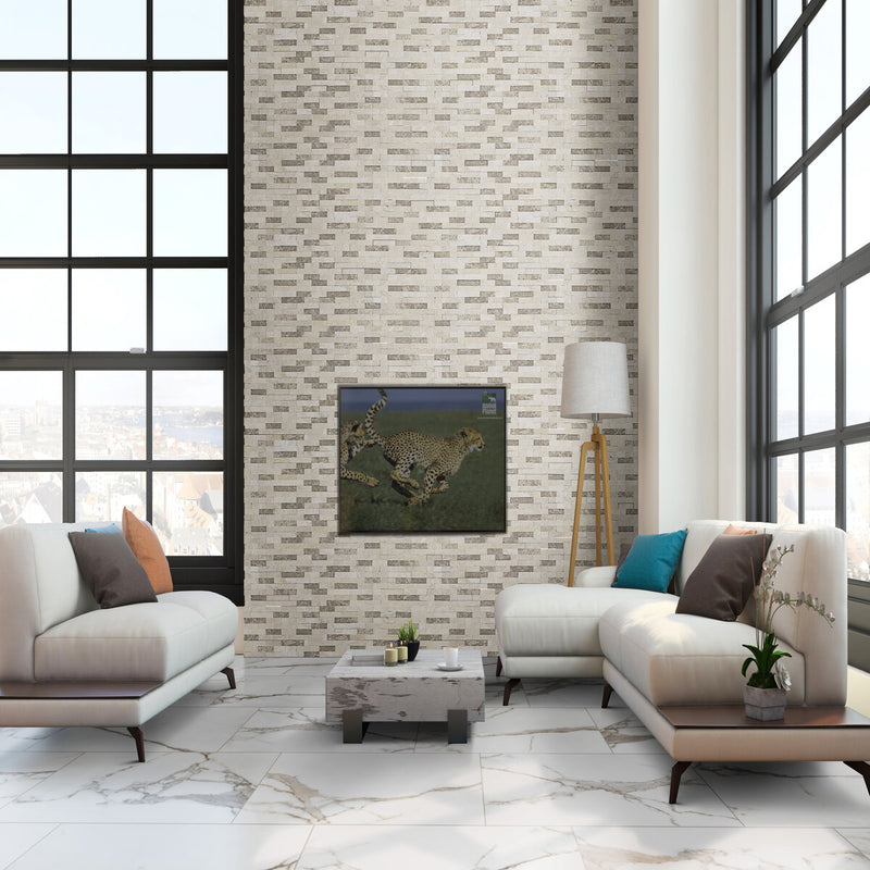 Rockmount Colorado Cream 6"x24" Marble Splitface Ledger Panel for Wall room shot living room view