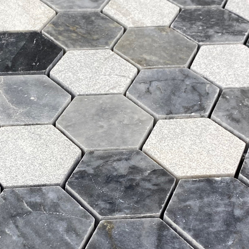 Luna sky marble mosaic 2 hexagon honed sand-blasted mix on 12x12 mesh brick angle closeup