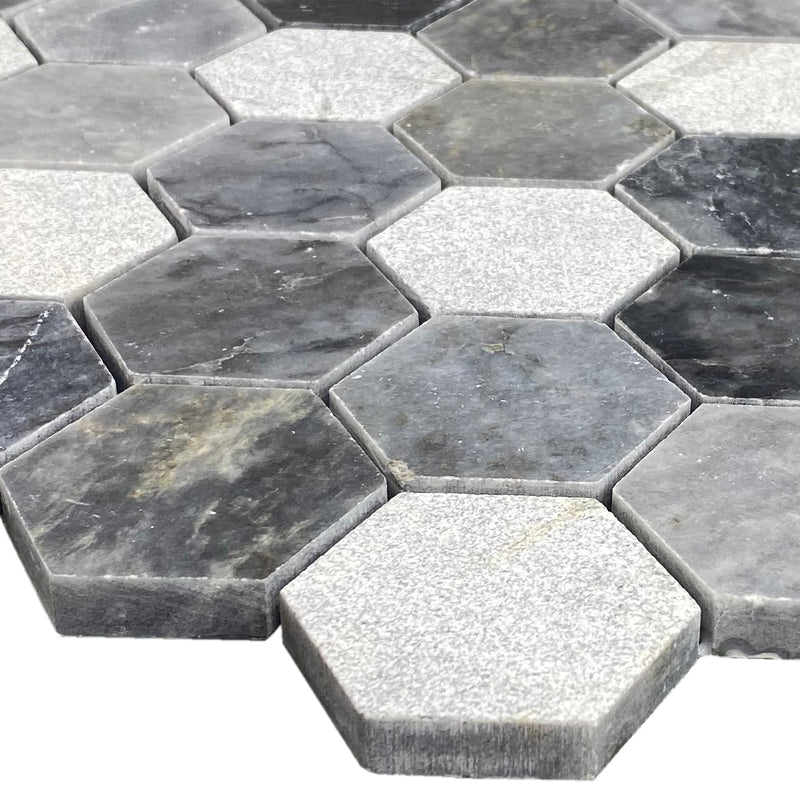 Luna sky marble mosaic 2 hexagon honed sand-blasted mix on 12x12 mesh brick profile view