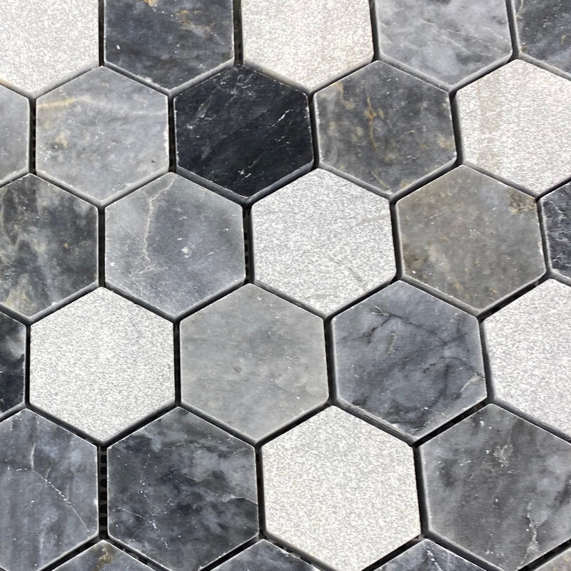 Luna sky marble mosaic 2 hexagon honed sand-blasted mix on 12x12 mesh brick top closeup view