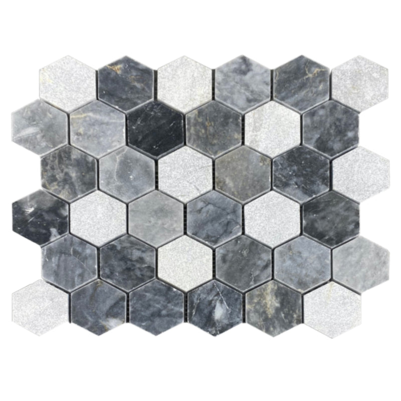 Luna sky marble mosaic 2 hexagon honed sand-blasted mix on 12x12 mesh brick top