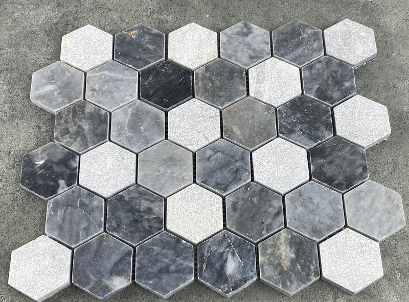 Luna sky marble mosaic 2 hexagon honed sand-blasted mix on 12x12 mesh brick top view