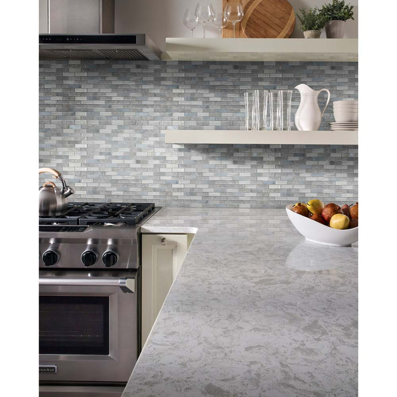 Lupano 11.63 x 11.72 glass stone blend mesh mounted mosaic tile 1 x 3 SMOT-SGLS-LUPA8MM product shot kitchen tile view
