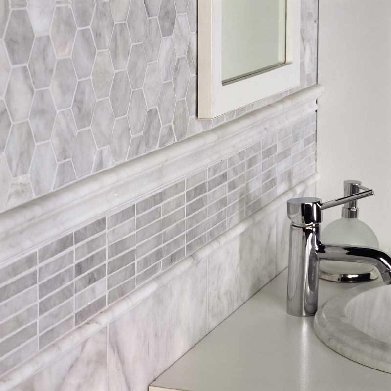 Cararra Honed 10 3/8"x12" Hexagon Marble Mosaic room shot bath view