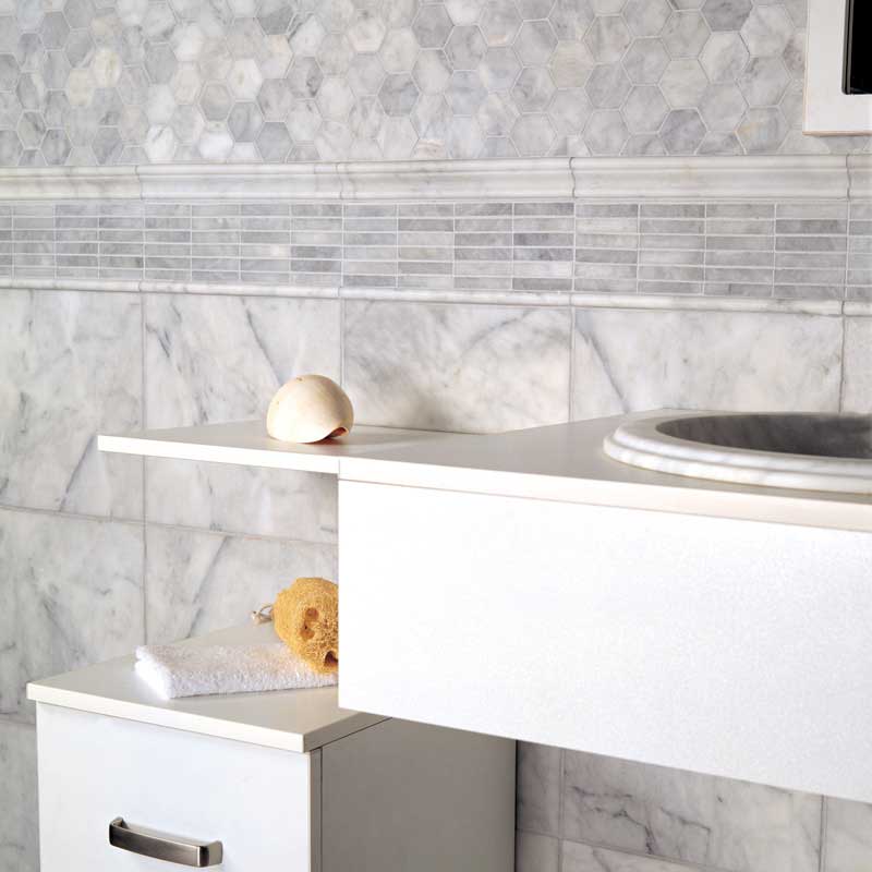 Cararra Honed 1/2"x12" Pencil Liner Marble Molding Tile room shot bathroom view 2