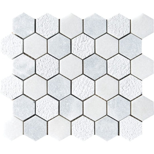 Foster Light and Glacier 10 3/8"x12" Textured Hexagon Marble Mosaic product shot wall view