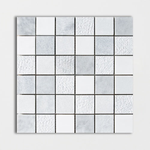 Avenza-Snow White-Foster Light 12"x12" Textured Marble 2"x2" Mosaic product shot wall view