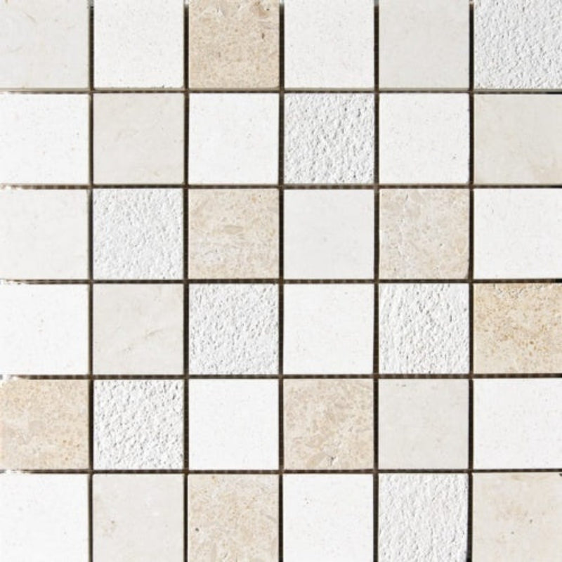 Hampton, Seashell, Heartsmere Textured 12"x12" Limestone Mosaic Tile 2"x2"  product shot wall view