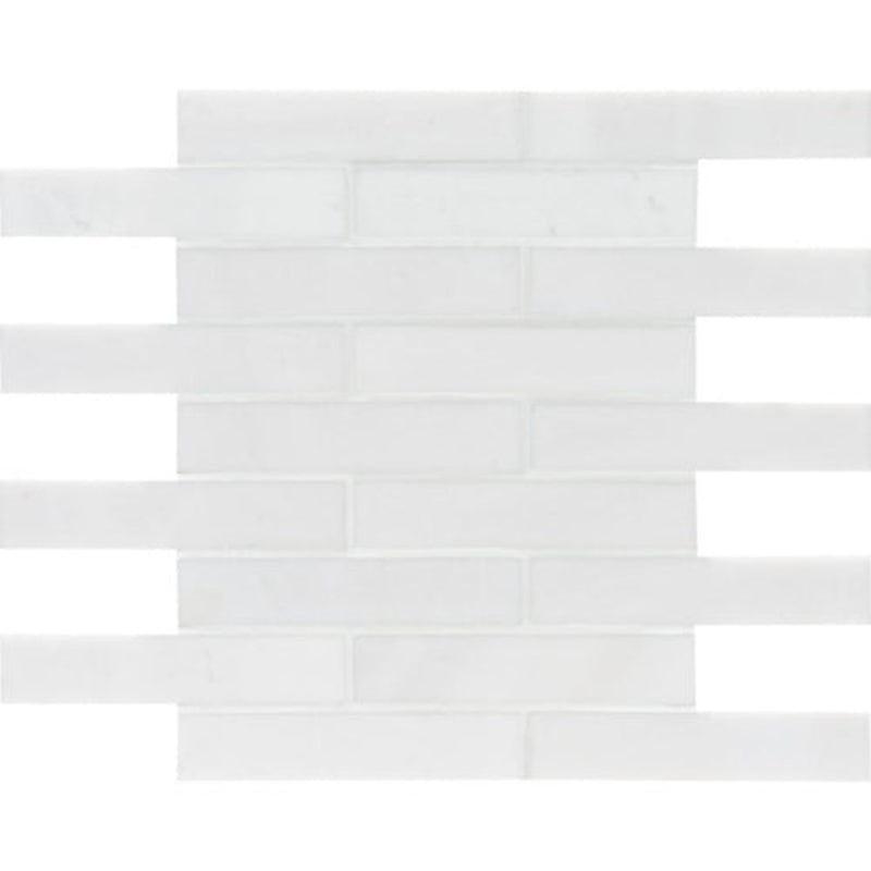 Winslow White 12"x12" Polished Marble Mosaic 1 1/4"x6" product shot wall view