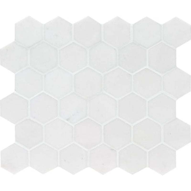 Winslow White 10 3/8"x12" Polished Hexagon Marble Mosaic product shot wall view