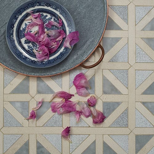 Avenza, Palisandra, Hampton Multi Finish 14 3/4"x14 3/4" Classic Lattice Marble Mosaic Tile room shot  flowers in plate view