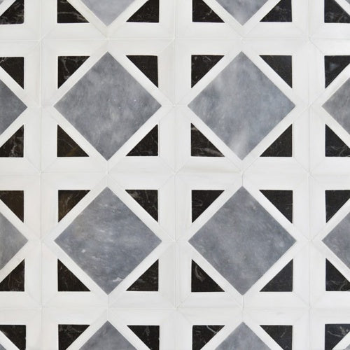 Snow White-Black Foster Light 13 9/16"x13 9/16" Polished Kent Marble Mosaic product shot wall view