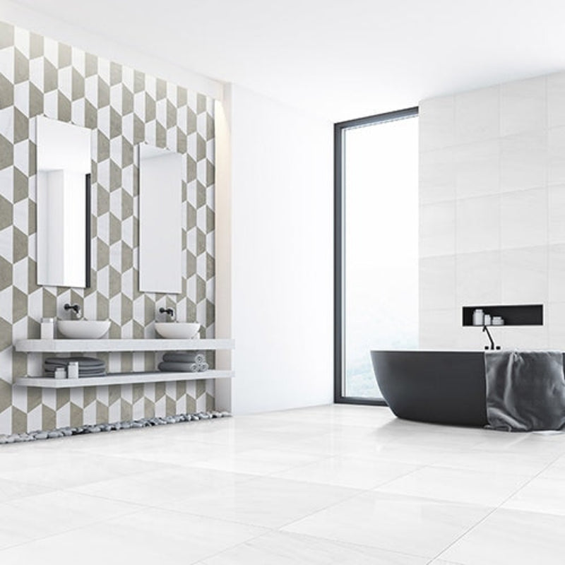 Centennial Snow White Honed Mcm Hexagon 8" Limestone Mosaic Tile room shot bathroom view