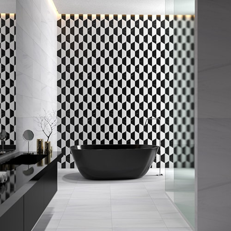 White and Black Honed Mcm Hexagon 8" Marble Mosaic 8" - Checkerboard Collection room shot bathroom view