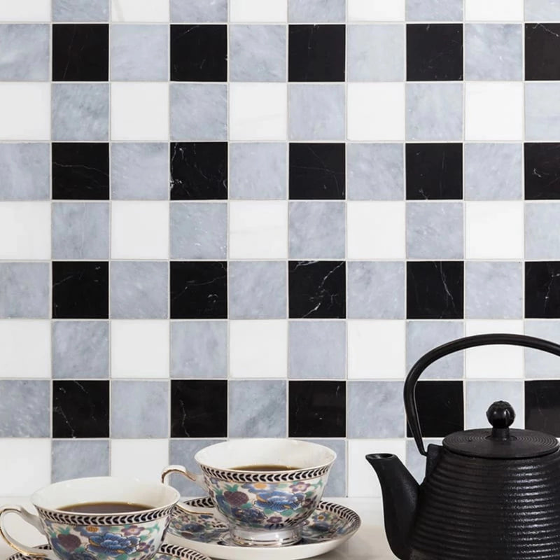 Allure Light Snow White Black Honed 12"x12" Marble 2"x2" Mosaic Tile product shot tea view