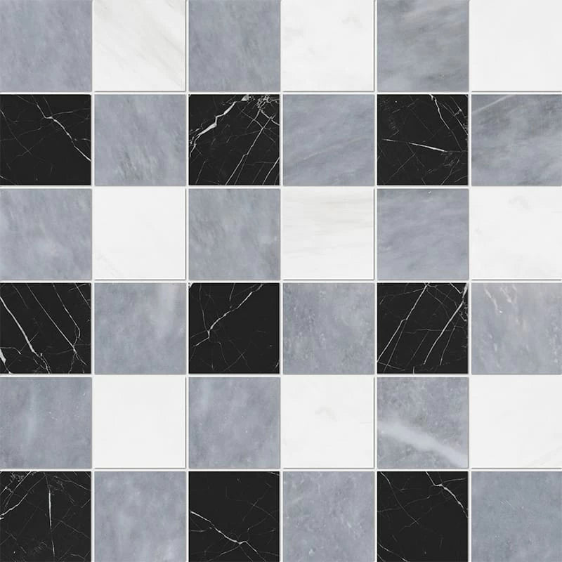 Allure Light Snow White Black Honed 12"x12" Marble 2"x2" Mosaic Tile product shot tile view 3