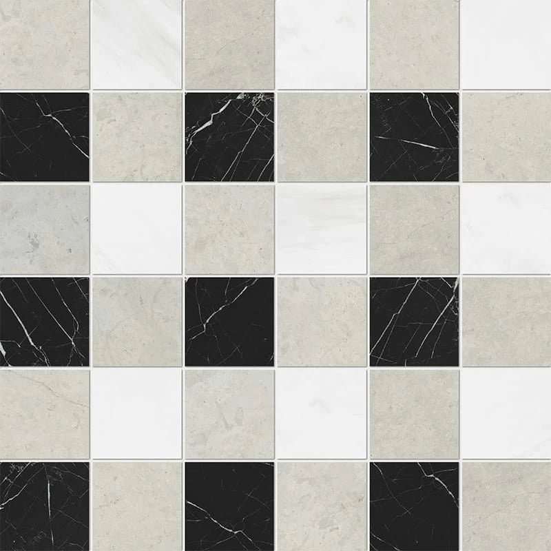 Britannia Light Snow White Black 12"x12" Honed Limestone 2"x2" Mosaic Tile product shot tile view
