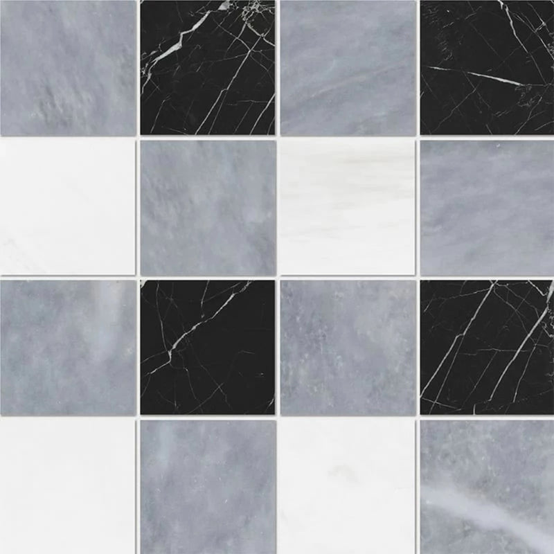 Allure Light Snow White Black 16"x16" Honed Marble 4"x4" Mosaic Tile product shot wall view