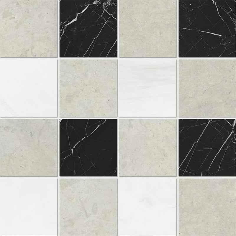 Britannia Light Snow White Black 16"x16" Honed Limestone 4"x4" Mosaic Tile product shot tile view
