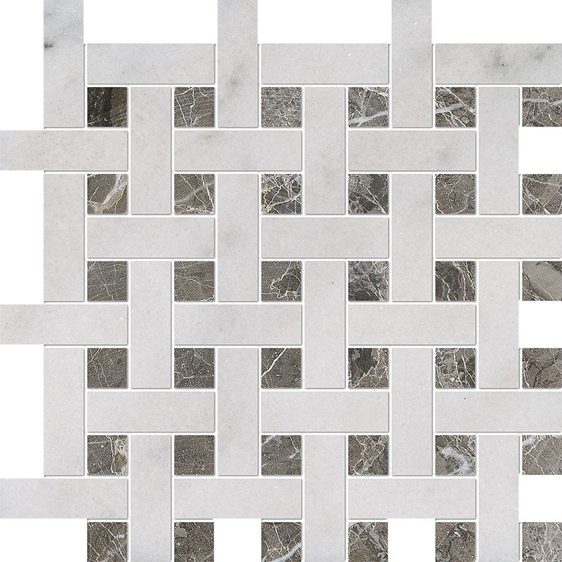 Lonte Silver Drop 12 5/8"x12 5/8" Polished Basket Weave 1"x3" Marble Mosaic product shot tile room view