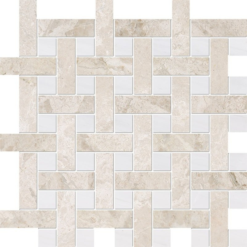 Diana Royal, Snow White 12 5/8"x12 5/8" Multi Finish Basket Weave 1x3 Marble Mosaic product shot tile view
