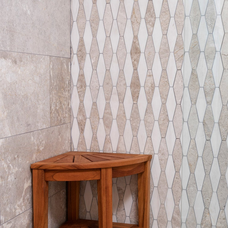 Diana Royal Snow White 11"x14 15/16" Multi Finish Rhomboid Blend Marble Mosaic Tile product shot bathroom view