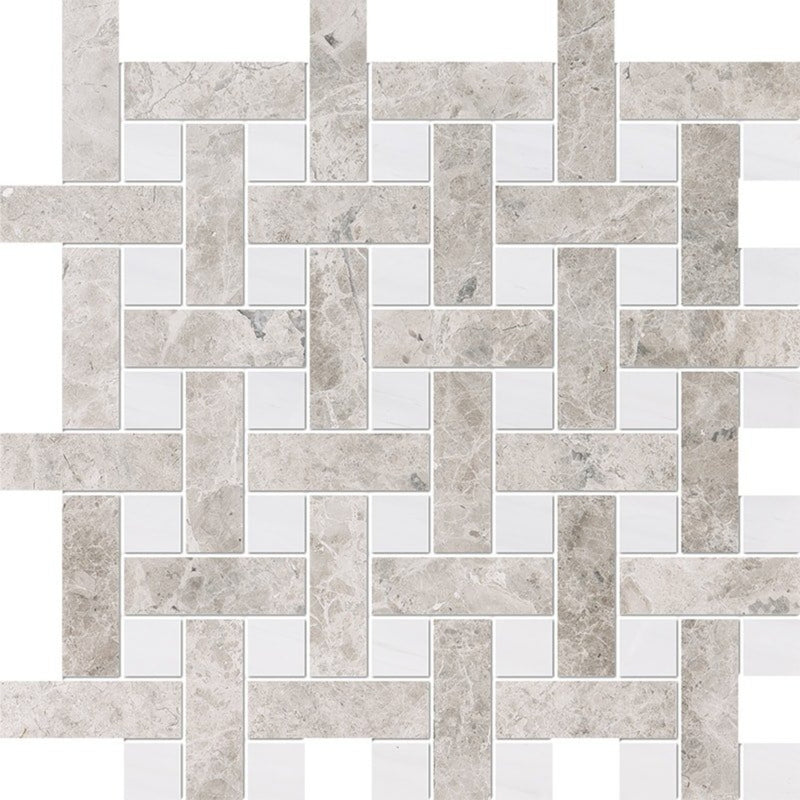 Silver Clouds Snow White 12 5/8"x12 5/8" Multi Finish Basket Weave 1x3 Marble Mosaic Tile product shot tile view