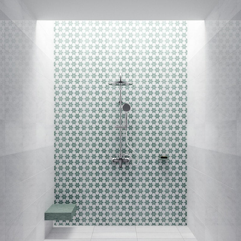 Verde Capri Snow White 14 3/16"x14 15/16" Multi Finish Stars Marble Mosaic Tile product shot bathroom view