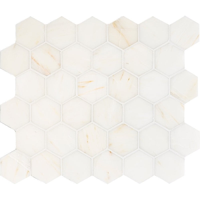 Calacatta Roma 10 3/8"x12" Honed Hexagon Marble Mosaic room shot kitchen view product shot tile view