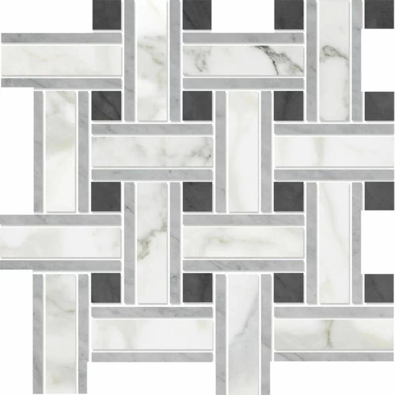 Calacatta Gold 12"x12" Polished Lattice Marble Mosaic Tile product shot tile view