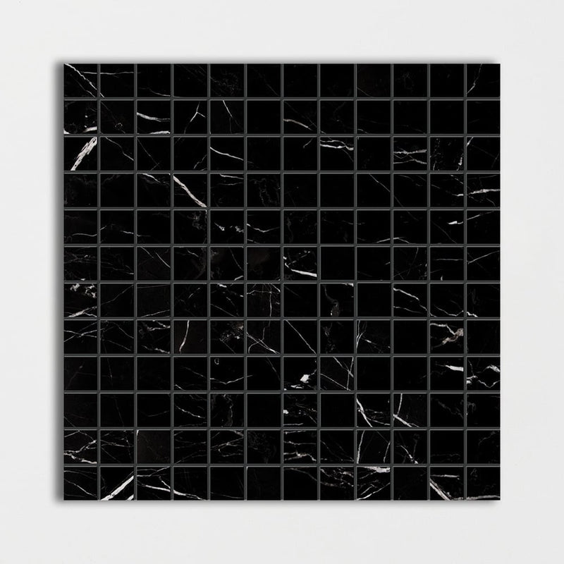 Black Polished 12"x12" Marble  1"x1" Mosaic room shot tile view