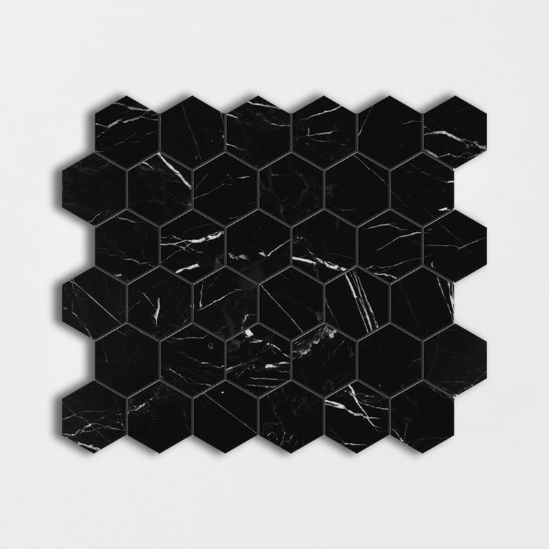 Black Honed 12"x12" Hexagon Marble Mosaic product shot tile view